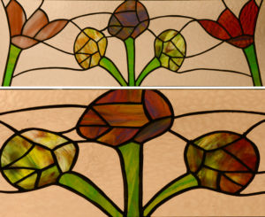 A pair of floral transoms show a dazzling array of colors from the use of art glass. A pair of floral transoms show a dazzling array of colors from the use of art glass.