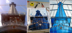 The stages of my panel of the Manhattan Bridge showing the photo I started with, the glass being cut and the finished piece that uses strands of wire for the cable stays. The stages of my panel of the Manhattan Bridge showing the photo I started with, the glass being cut and the finished piece that uses strands of wire for the cable stays.